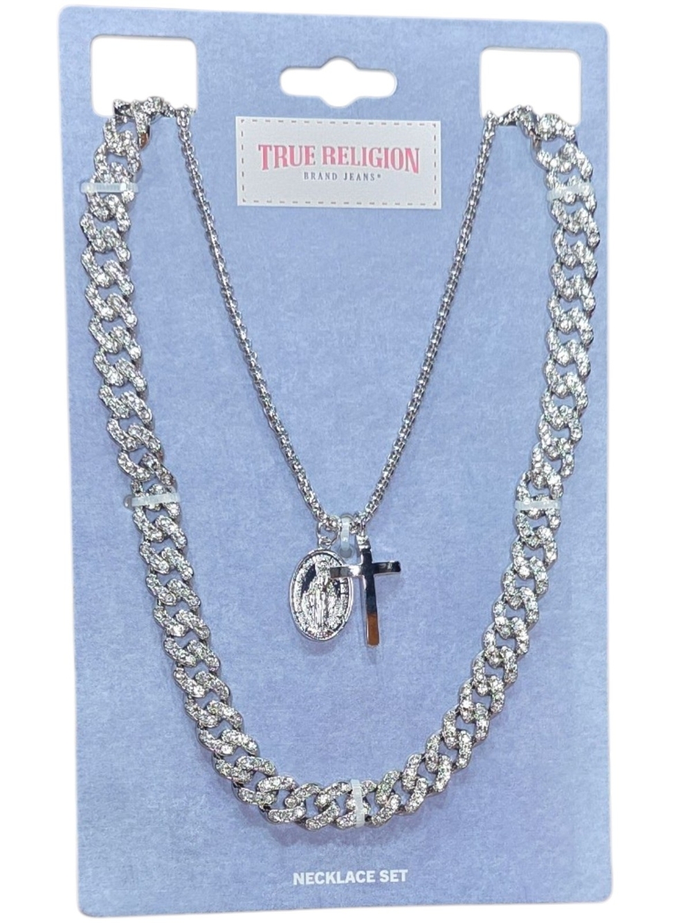 True Religion Silver Cuban Link CZ Madonna Cross Necklace Set NWT
